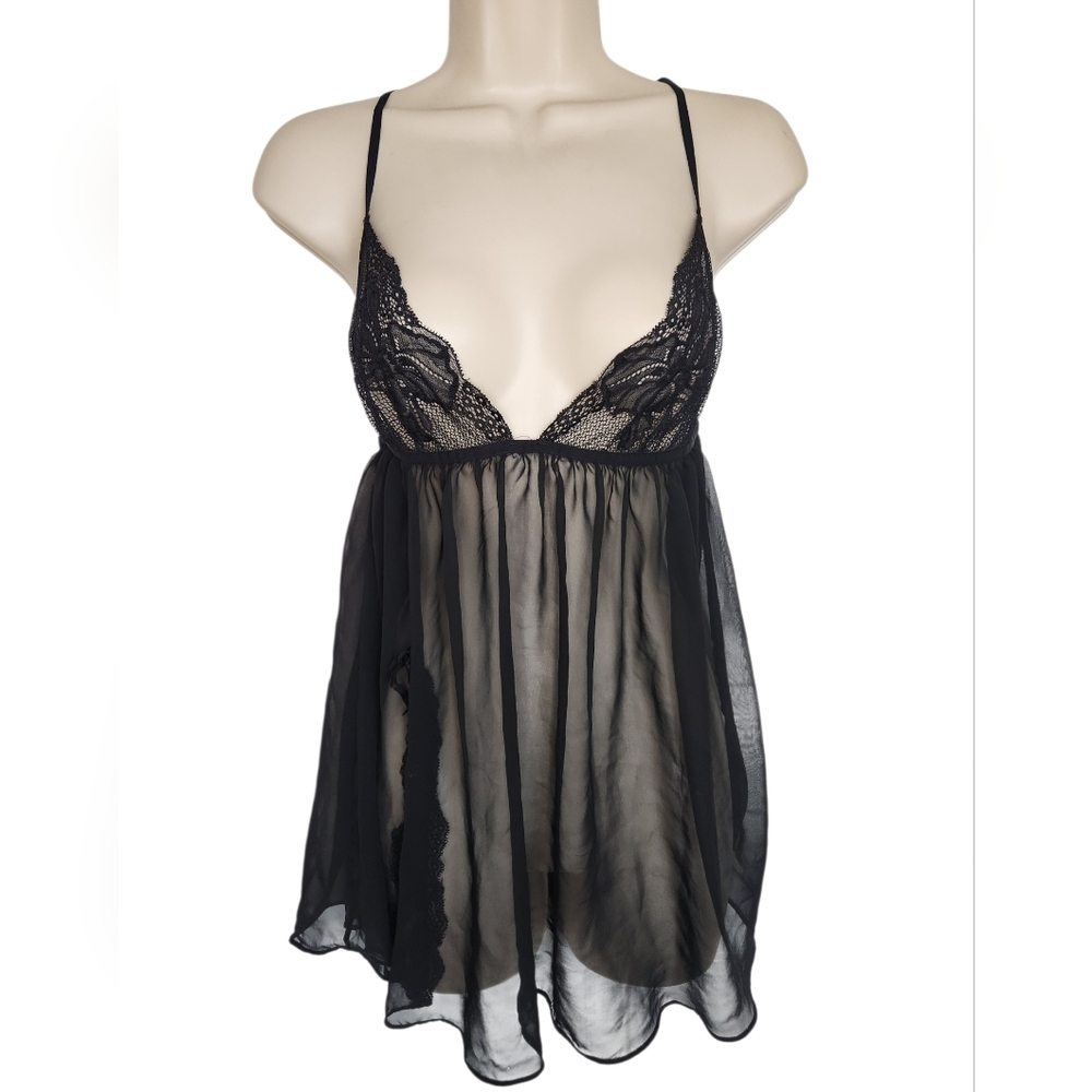 Vintage Victoria’s Secret Very Sexy Black Lace Sheer Babydoll Chemise Lingerie M